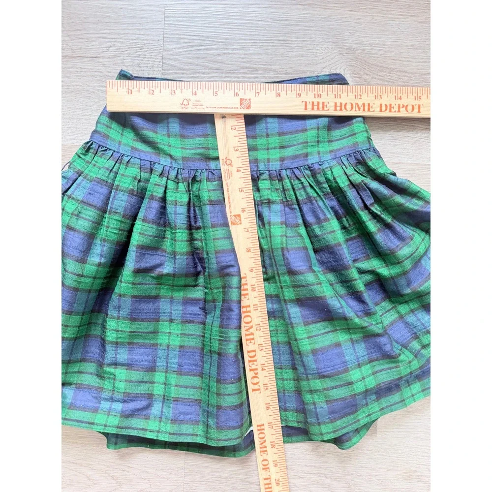 Kids Simi Vintage 100% Silk Plaid Pleated Mini Skirt Green Blue 90s Preppy Sz 10